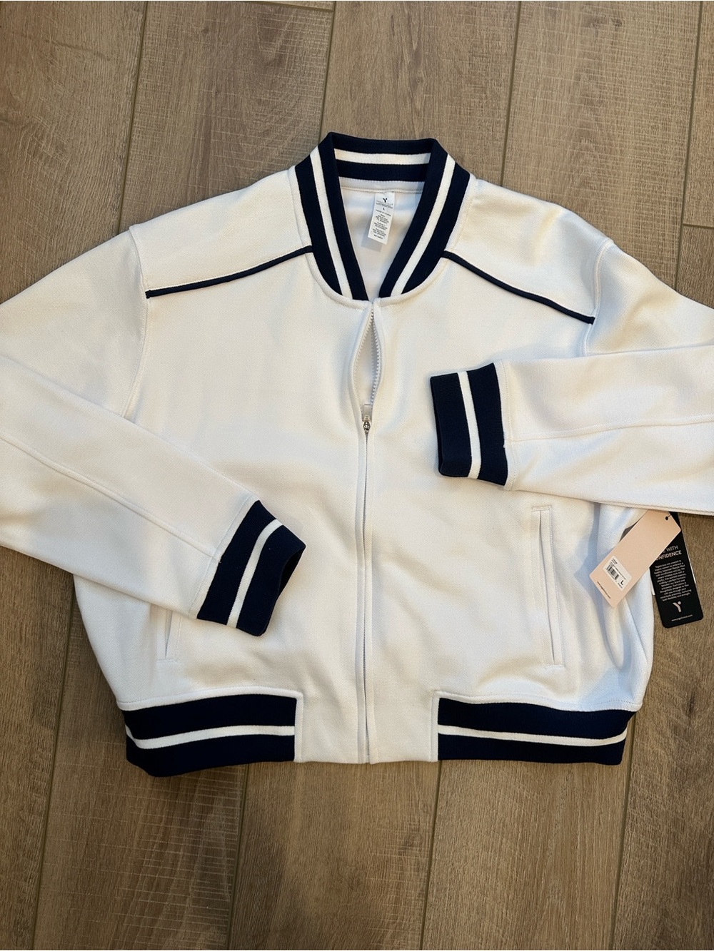 Yogalicious White Bomber Valley Jacket with Navy Trim